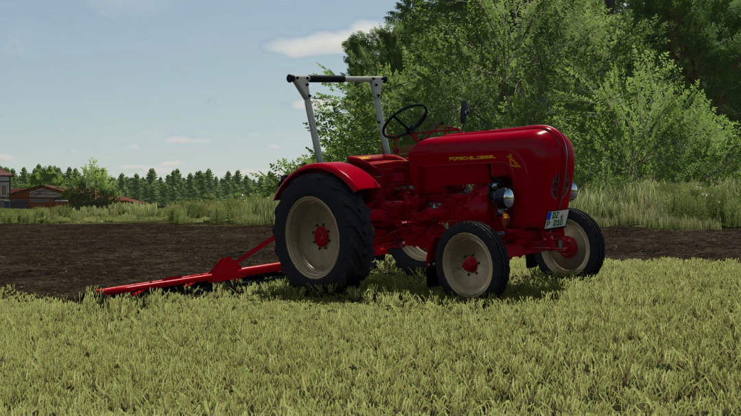 Porsche Diesel Junior 108 tractor mod in FS25, displayed on a grassy field with trees in the background.