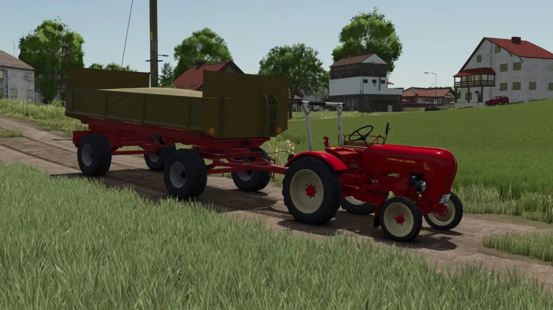 Porsche Diesel Junior 108 tractor mod in FS25 pulling a trailer on a farm road.