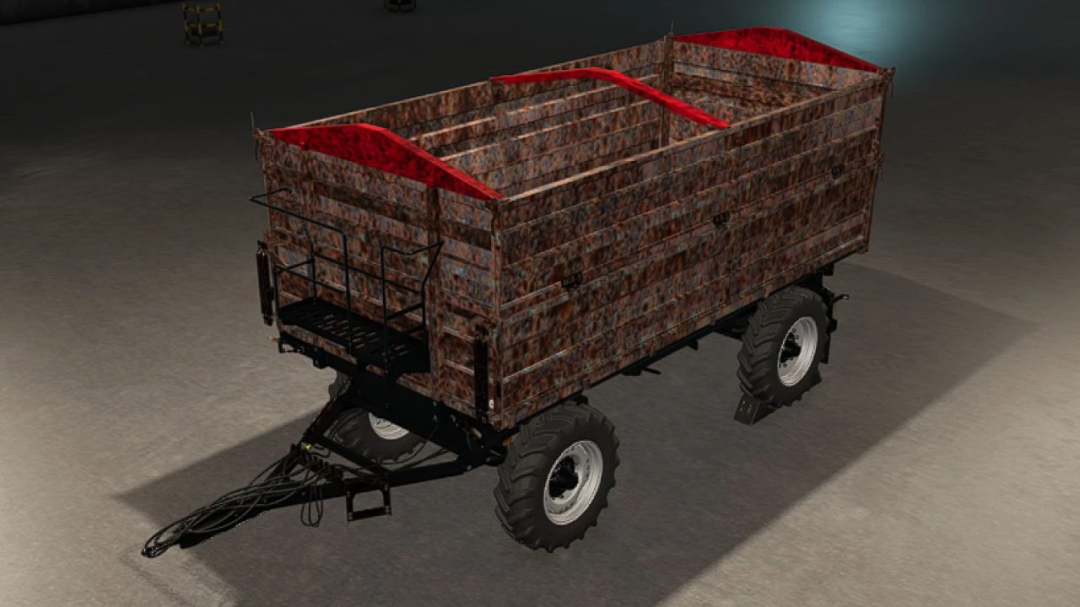 Remorca RO v1.0.0.0 mod for FS25 features a rustic, metal-styled trailer with red interior.