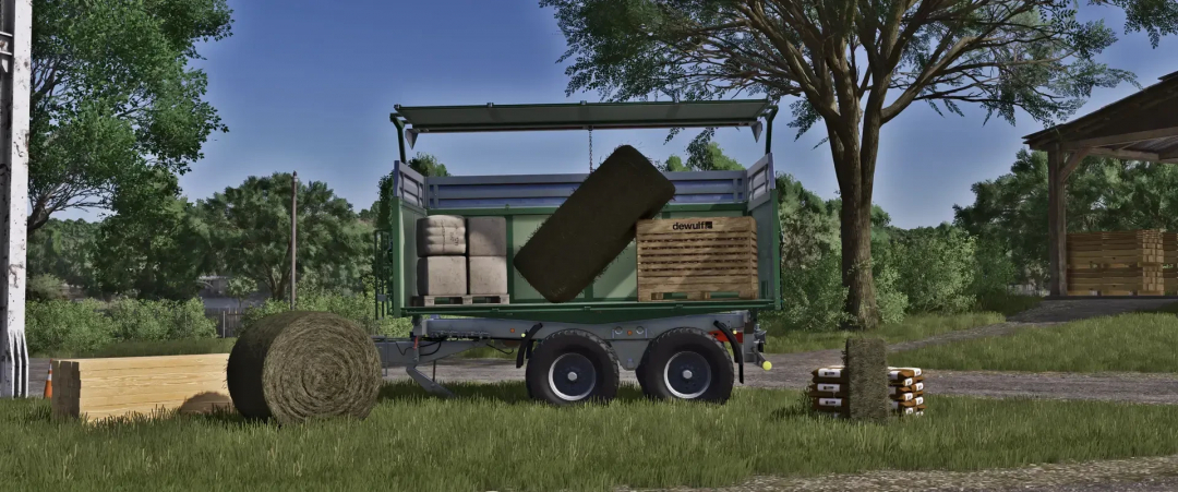 FS25 mod Rudolph TDK 301RA showing loaded trailer with hay bales and pallets in a farm setting.