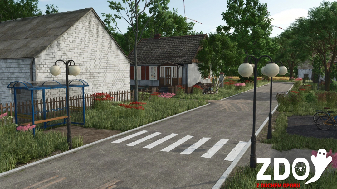 Rysiowice Poland Map v1.0.0.0 in FS25, featuring a rural village road with houses and greenery.