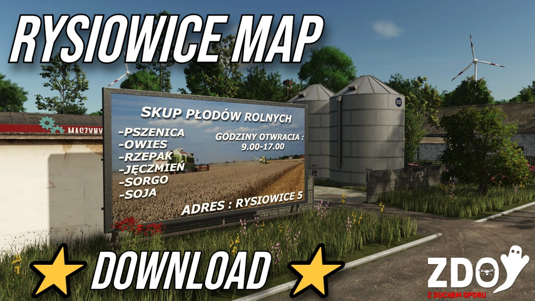 Rysiowice Poland Map v1.0.0.0 for FS25 mods showing a sign with crop types and details set in a rural farming area.