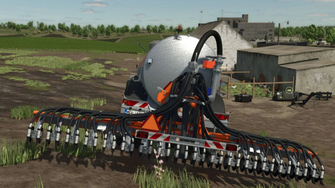 Schouten IDEAL/SPIDER Pack v1.0.0.0 mod in FS25, showing farm machinery in a rural setting.