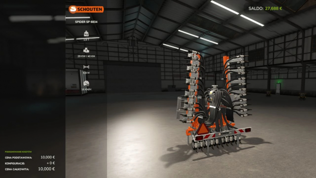 FS25 mod image showing Schouten IDEAL / SPIDER Pack v1.0.0.0 in a virtual garage.