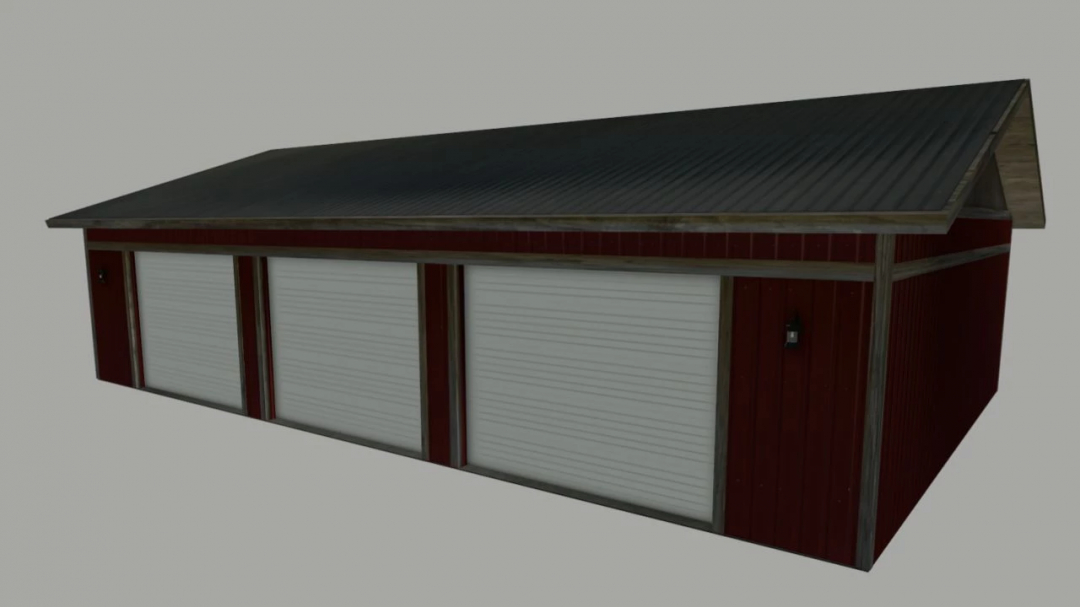 Shed Pack v1.0.0.0 mod for Farming Simulator 25, featuring a large red shed with white roll-up doors.