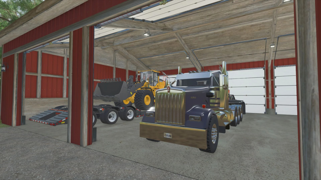 FS25 Shed Pack v1.0.0.0 mod showing vehicles inside a spacious garage with a truck and a loader.