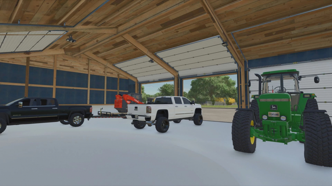 FS25 mod image of Shed Pack v1.0.0.0 showing a wooden shed interior with trucks and a tractor parked inside.