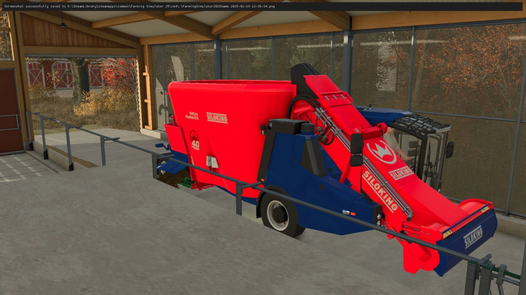 Siloking Selfline 4.0 Premium mod in FS25, showcasing a red and blue automated feeder in a farm setting.