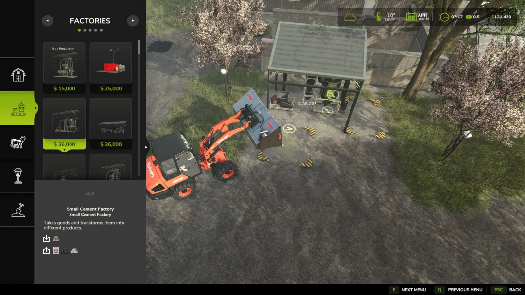 FS25 mod Small Cement Factory interface, showing factory options and equipment use.