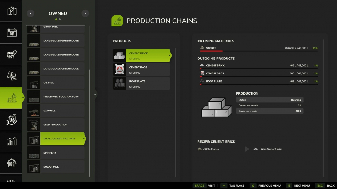 FS25 Small Cement Factory v1.0.0.1 mod interface showing production chains with cement brick, bags, and roof plate status.