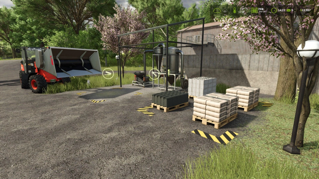 FS25 Small Cement Factory mod showing equipment and cement bags.