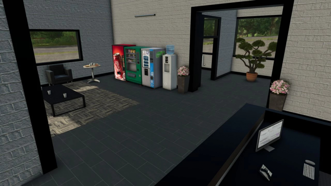 Interior of a modern office lobby in FS25 Sons Of Suhl mod, featuring vending machines, seating, and plants.