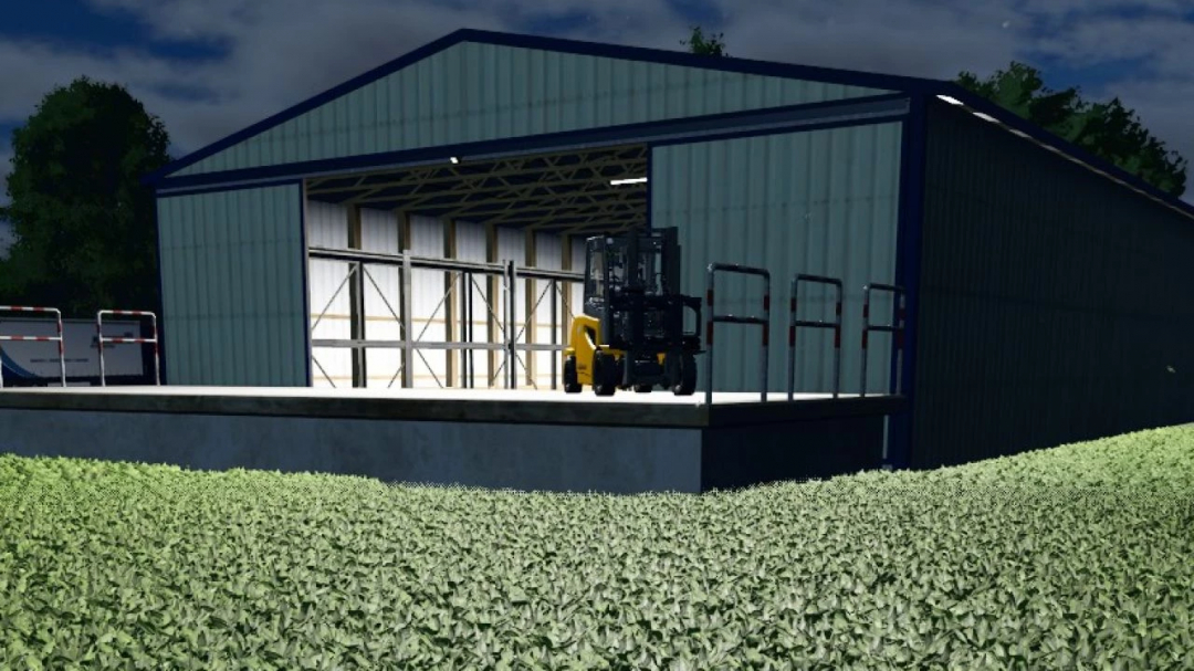 FS25 mod Storage depot v1.0.0.0 showing a warehouse with a forklift on a platform.