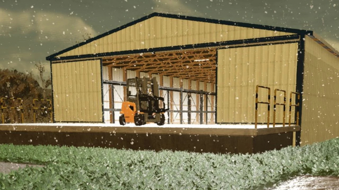 Storage depot in FS25 mod v1.0.0.1 with forklift inside during snowfall.