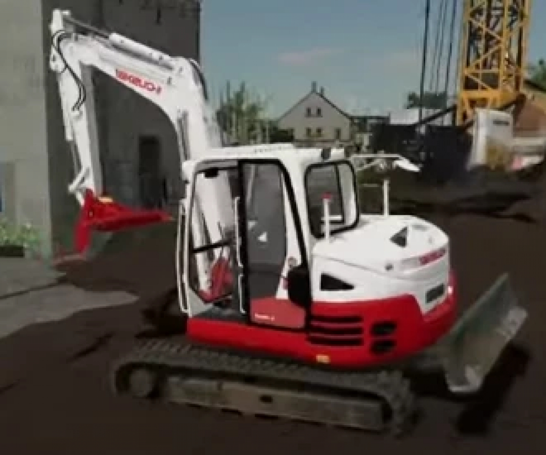 FS22 mod Takeuchi TB290-2 v1.0.0.0, a white and red excavator on a construction site in Farming Simulator 22.