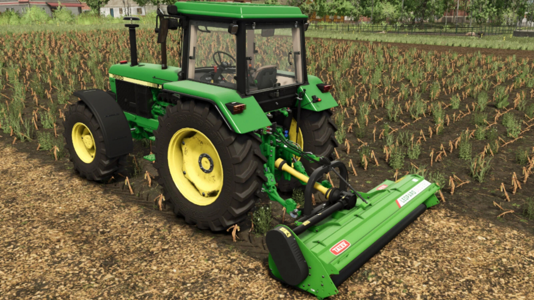 A green tractor with Talex Leopard Duo 280 mod in FS25, working in a field.