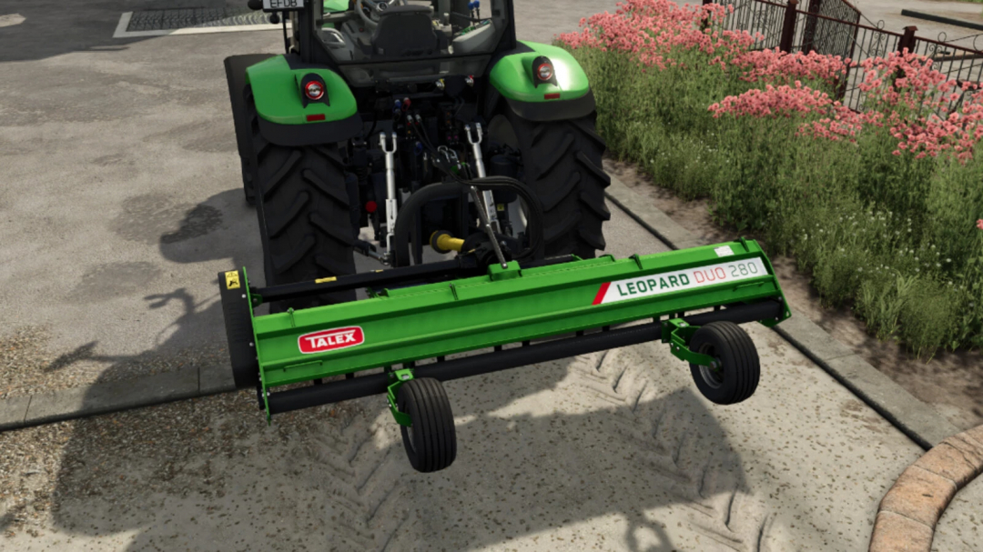 FS25 mod Talex Leopard Duo 280 v1.0.0.0 attached to green tractor on dirt road