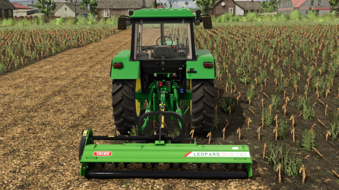 Talex Leopard Duo 280 mod in FS25, showing a green tractor in a field.