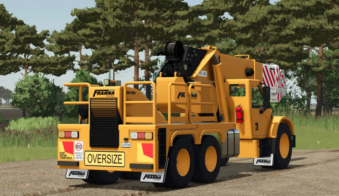 Terex Franna AT-40 crane mod in FS25, showcasing its detailed design with trees in the background.