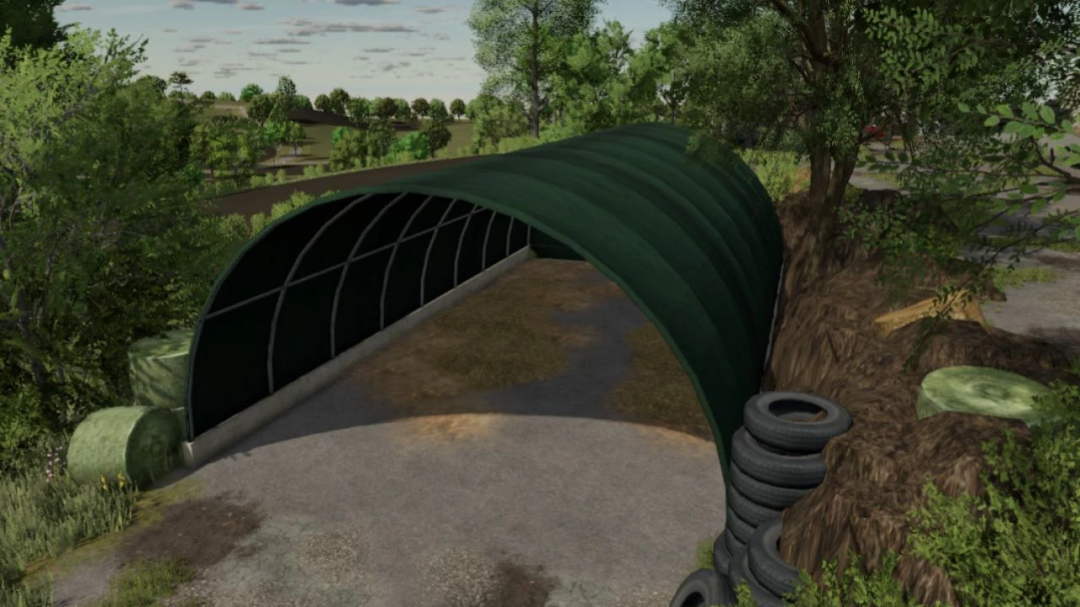 FS25 mods: Tunnel Prefab v1.0.0.0 showing a green arched structure in a rural landscape.