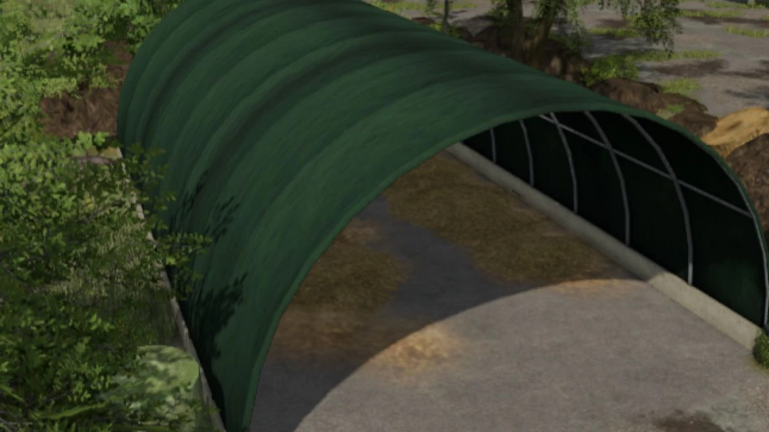 FS25 mods - Tunnel Prefab v1.0.0.0 showing a green, arched tunnel structure on a farm.