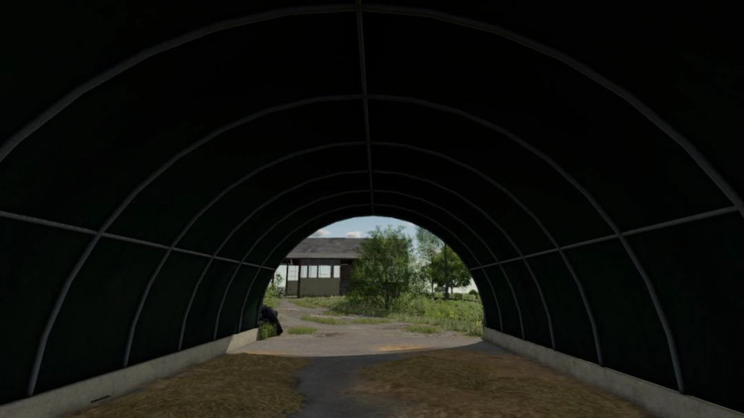 View from inside a tunnel prefab in FS25 mods, showing landscape and building in Farming Simulator 25.