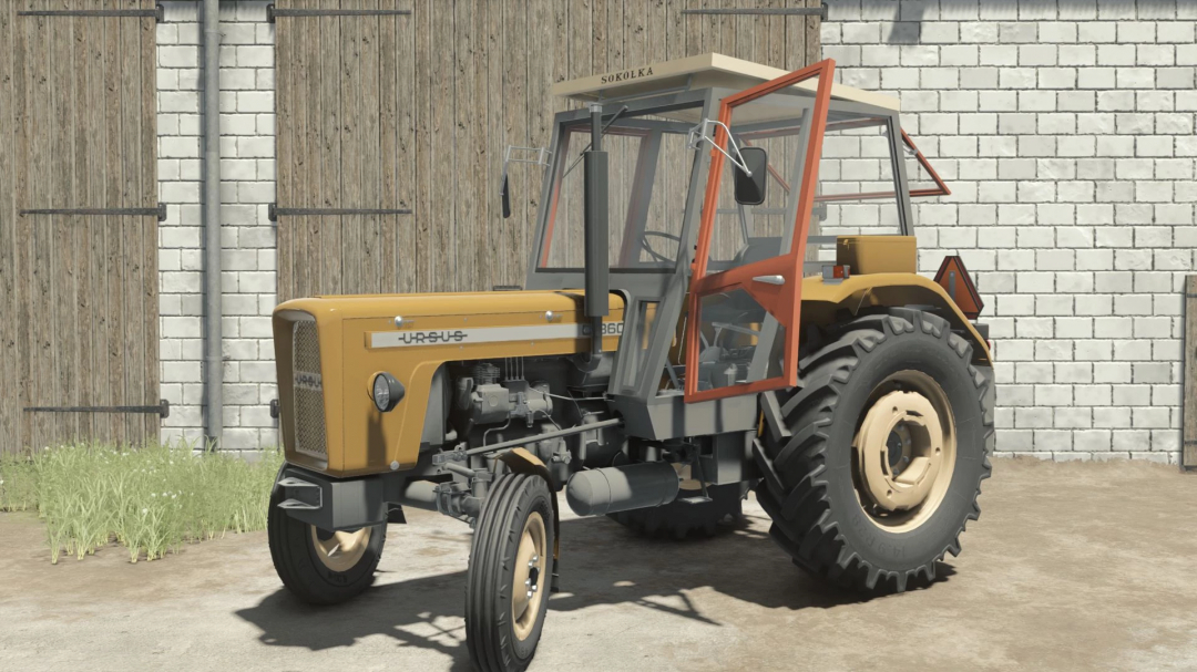 Ursus C355-C360 tractor mod for FS25 showing a vintage yellow tractor parked near a barn.