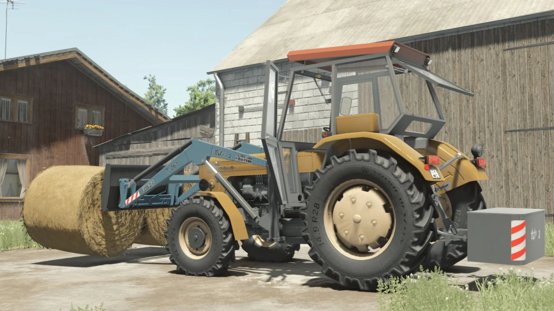 FS25 mod Ursus C355-C360 tractor with hay bale on a farm, Farming Simulator 25.