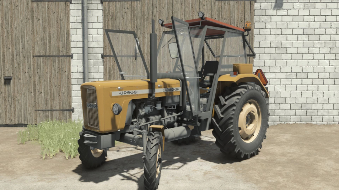 Ursus C355-C360 tractor mod in Farming Simulator 25, showcasing vintage design against a farm building.