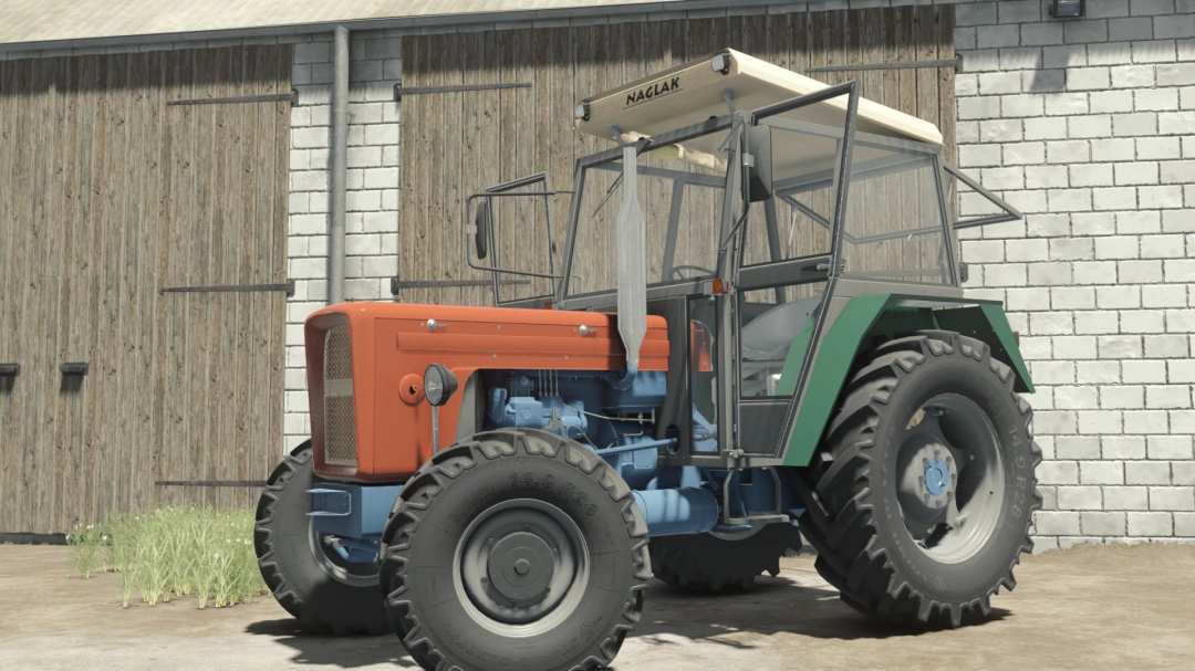 FS25 Ursus C355-C360 tractor mod parked beside barn