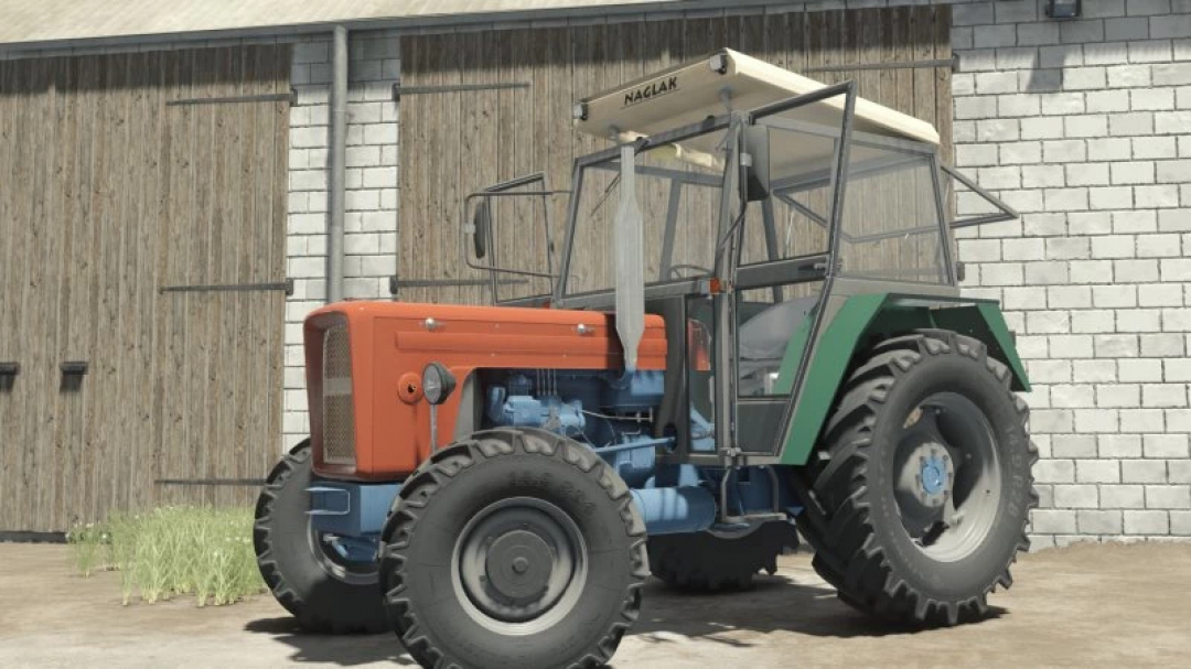 Ursus C355-C360 Pack v1.0.1.1 mod for Farming Simulator 25 showcasing a vintage tractor with a red, blue, and green body. FS25 mods.