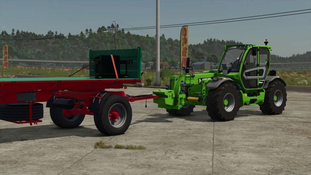 FS25 mod Weight For Telehandler v1.0.0.0 showing a green telehandler towing a red trailer.