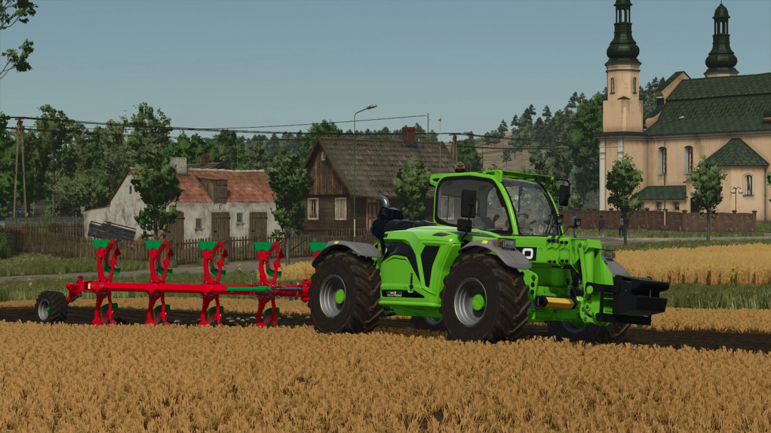 FS25 mod Weight For Telehandler in a field with rustic houses and church in background.