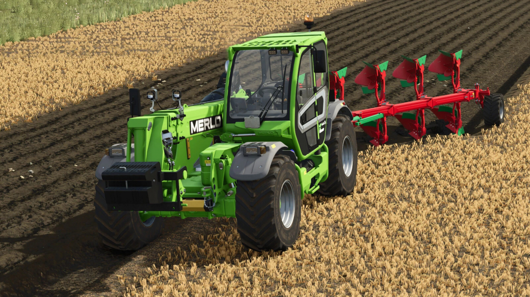 FS25 mod: Green telehandler with a weight attachment plowing a field in Farming Simulator 25.