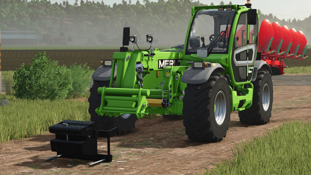 Weight For Telehandler mod in FS25, showing a green telehandler and a black weight attachment on a farm.