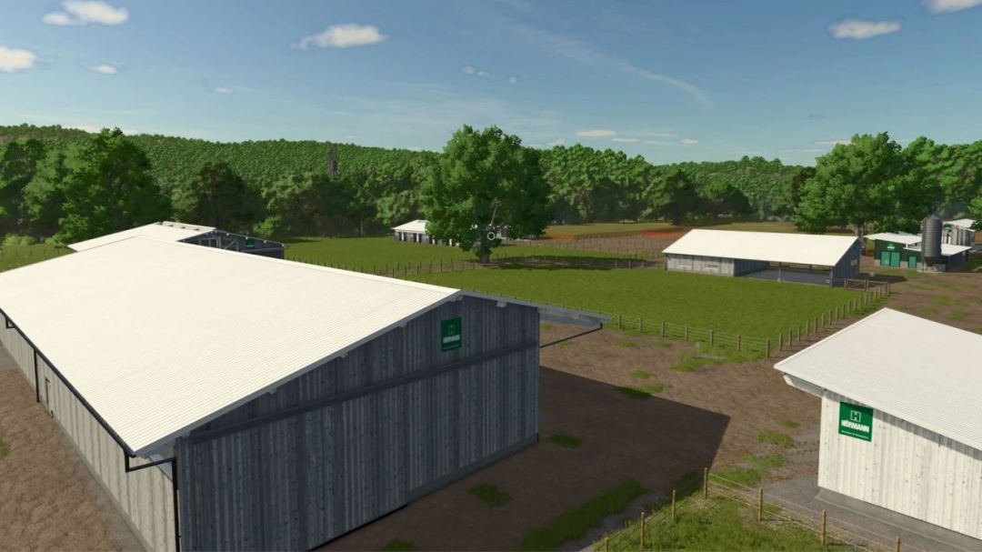 FS25 mods White Roof Pack 2 v1.0.0.1 showing farm buildings with white roofs in a rural landscape.