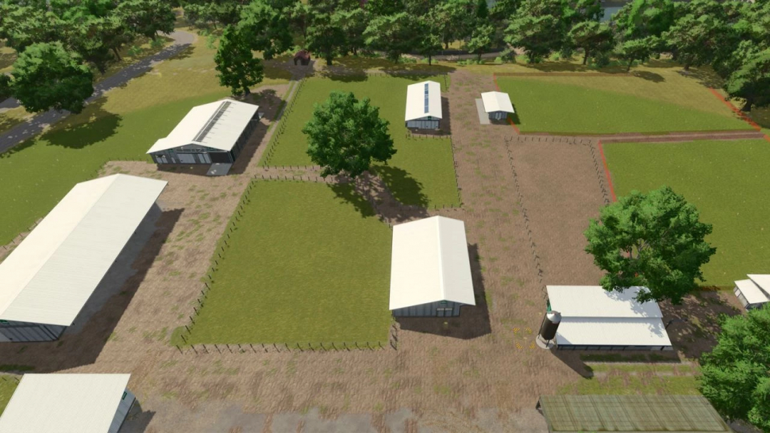 Aerial view of farms with white-roofed buildings in FS25 mod White Roof Pack 2 v1.0.0.1, surrounded by green fields and trees.