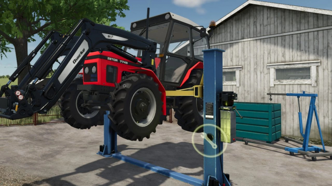 FS25 mod showing tractor lifted in workshop with lifting option v1.0.0.0.