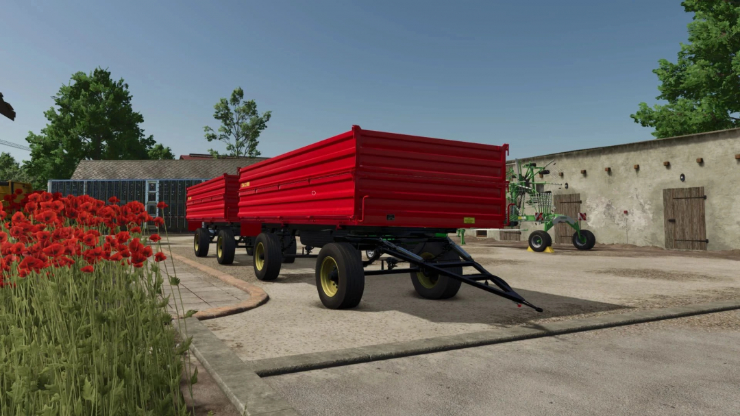 ZMAJ 489 FS25 mod v1.0.0.0 trailer in vibrant red at a farm, featured in Farming Simulator 25 mods.