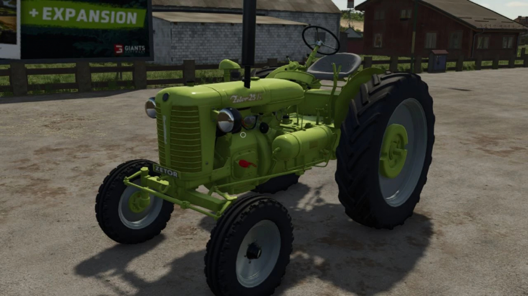 Zetor 25K tractor mod in Farming Simulator 25, version v1.0.0.1, displayed on a farm background.