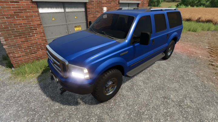 fs25-mods,  2005 Ford Excursion mod in FS25, blue SUV parked by garage.