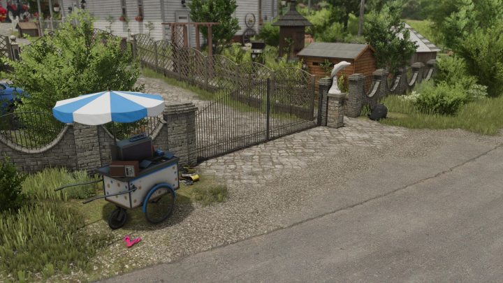 fs25-mods,  FS25 mods Additional Decoration Package v1.0.0.0 featuring a street cart and decorative gate in Farming Simulator 25.