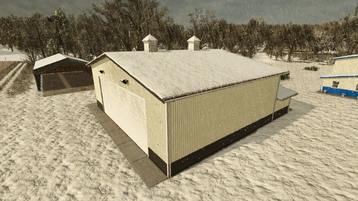 fs25-mods,  American Workshop in snow, FS25 mod showcasing a large barn in a snowy landscape.