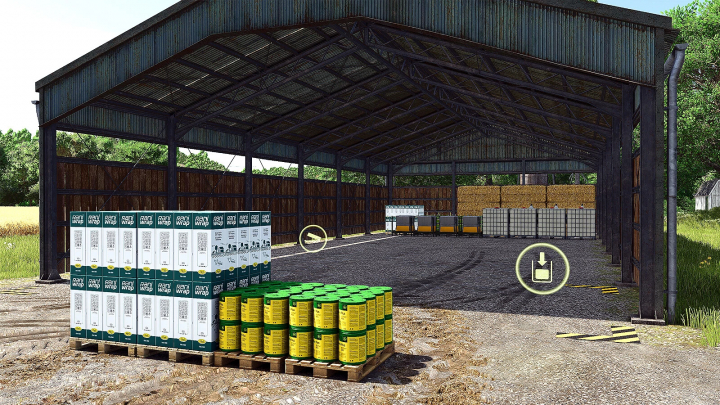 fs25-mods,  FS25 mod Anywhere Object Storage v1.0.0.0 showing a storage shed with pallets and storage icons.