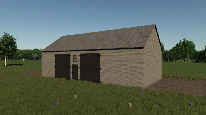 fs25-mods,  Barn SJ Pack v1.0.0.0 mod for FS25, features a large brick barn in a grassy field.