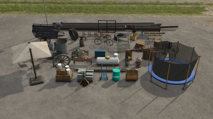 fs25-mods, A variety of decorative items from Big Decoration Package mod for FS25, including a trampoline, bicycle, and crates on a farm background.