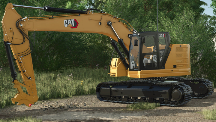 fs25-mods, CAT 335 Next Gen excavator mod for FS25 in a forest setting.