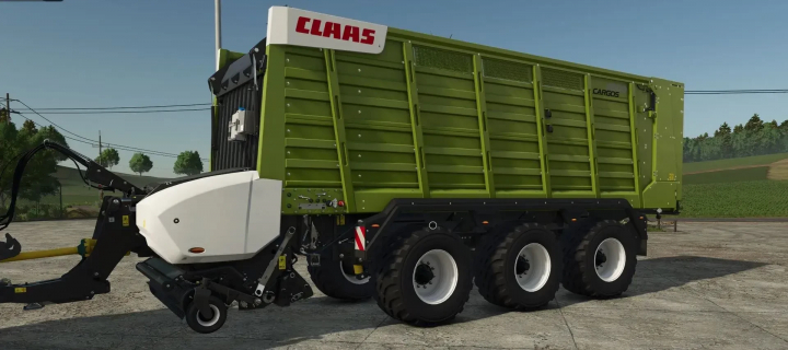 fs25-mods, Claas Cargos 9500 trailer mod in FS25 by MTSH v1.1.0.0, featuring a green cargo body and robust wheels.