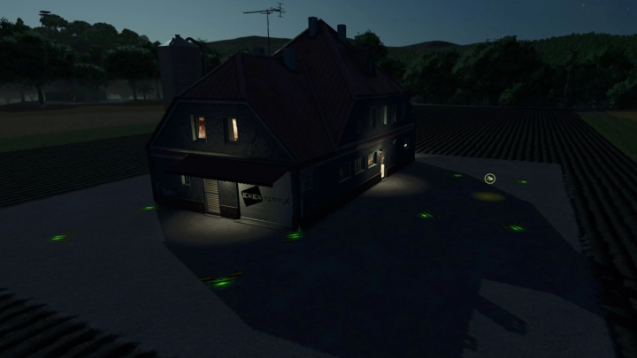 fs25-mods, Night view of a cookies factory in FS25 mod, illuminated exterior with surrounding fields.