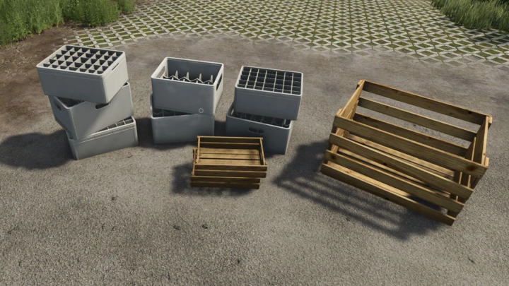 fs25-mods,  Image of plastic and wooden crates from Decorations Pack 7 mod in Farming Simulator 25.